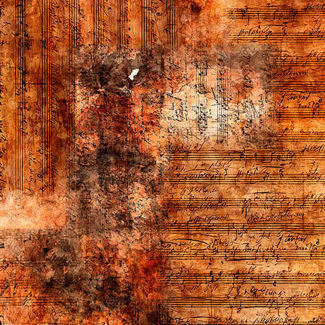 Vintage-style abstract background featuring aged sepia parchment, handwritten script, and musical staves in warm brown, orange, and black tones.
