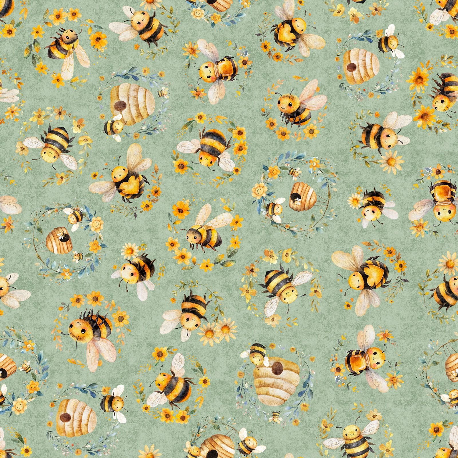 Fabric QT Sage Bees & Beehives Buzz Buzz Buzz by the Quarter Yard 31701-H