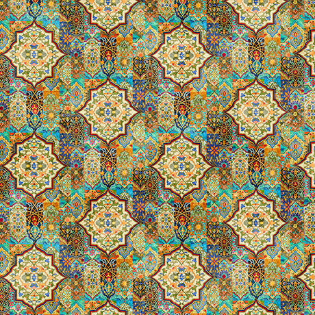 A close-up of a repeating ornate geometric and floral pattern in turquoise, teal, gold, brown, orange, and cream, with no visible product form or person.