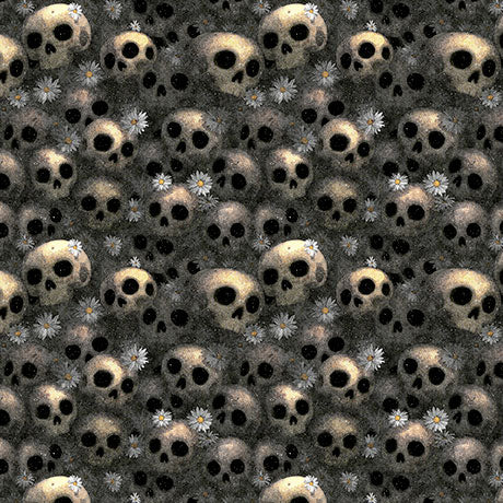 Pattern of skulls and small flowers on a dark background