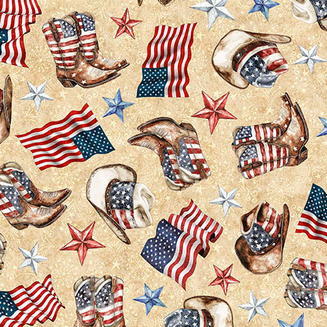 Pattern of cowboy boots, hats, and American flags on a beige background