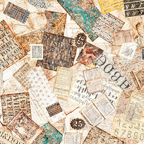 Collage of vintage-style paper pieces with text and numbers.