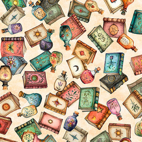 A repeating seamless pattern of vintage-style illustrated books and glass bottles in warm pastel and earthy tones on a cream background.