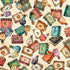 A repeating seamless pattern of vintage-style illustrated books and glass bottles in warm pastel and earthy tones on a cream background.