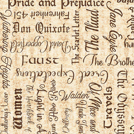 A close-up of a beige fabric pattern featuring elegant cursive typography with famous book titles and quotes in dark brown.