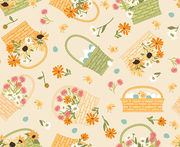 Fabric QT Tan Flower Baskets Chickens in the Meadow by the Quarter Yard 31819-E