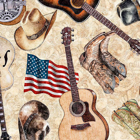 Pattern with guitars, cowboy hats, boots, and an American flag on a beige background