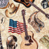 Pattern with guitars, cowboy hats, boots, and an American flag on a beige background