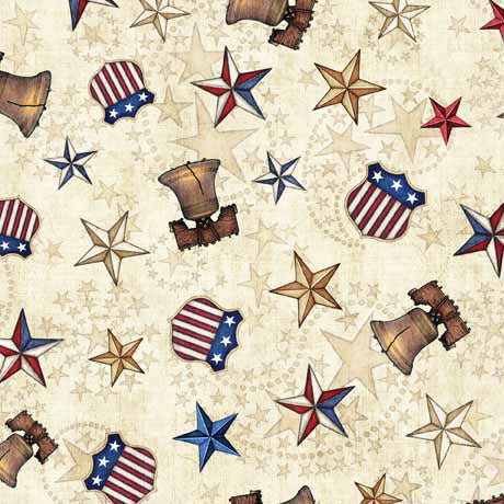 Fabric QT Tan Liberty Bell and Stars American Spirit 108" Wide Back by the Quarter Yard 30130-E