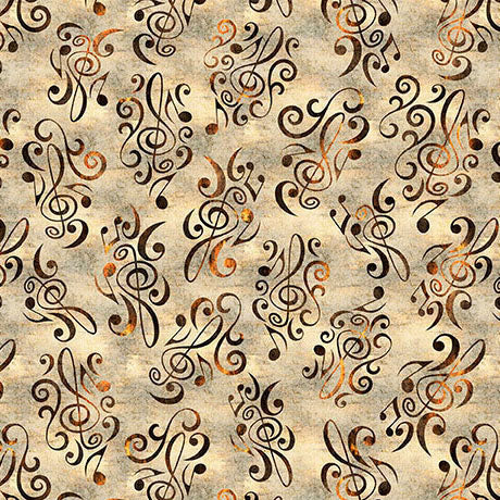 A repeating pattern of ornate black and dark brown musical treble clefs and flourishes over a textured beige background with subtle warm orange-brown highlights.