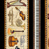 A repeating decorative pattern featuring musical instruments including a harp, trumpet, violin, French horn, guitar, cello, piano keys, and a trumpet, arranged on a parchment-style background with black vertical bands.