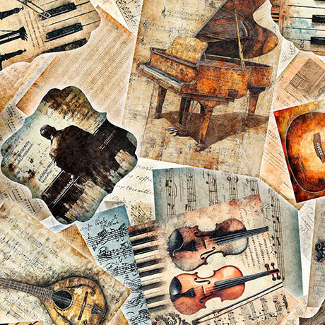 Vintage-style collage pattern featuring musical instruments including a grand piano, violin, viola, mandolin, and piano keys over aged sheet music and paper textures.