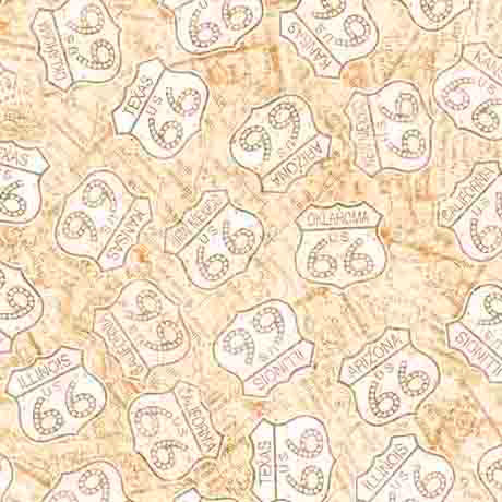 Fabric QT Tan Route 66 Signs Get Your Kicks 2026 by the Quarter Yard 31671-E