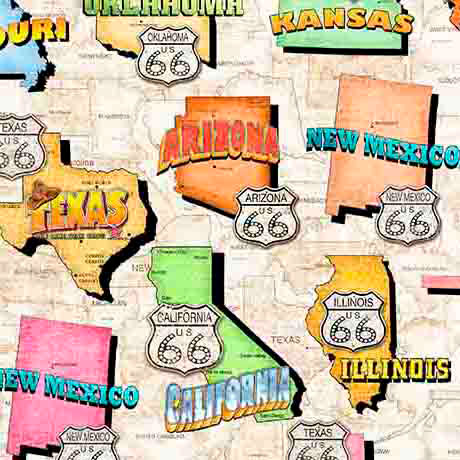 Fabric QT Tan Route 66 State Maps Get Your Kicks 2026 by the Quarter Yard 31670-E