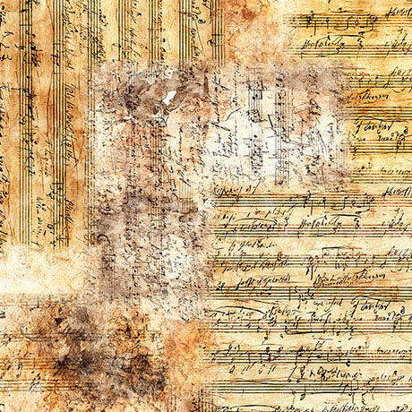 Vintage-style background pattern featuring aged, stained musical sheet music with cursive handwriting, stave lines, and mottled brown and beige tones.