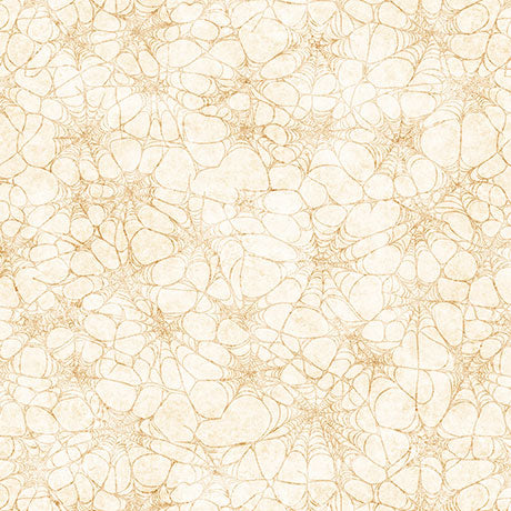 A close-up of a beige and cream patterned fabric with fine tan veining throughout, resembling spider webs