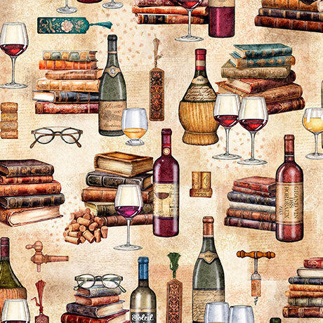 Vintage-style repeating pattern featuring illustrated wine bottles, wine glasses with red and white wine, stacks of old books, eyeglasses, corks, and small antique objects on a warm beige textured background.