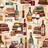 Vintage-style repeating pattern featuring illustrated wine bottles, wine glasses with red and white wine, stacks of old books, eyeglasses, corks, and small antique objects on a warm beige textured background.