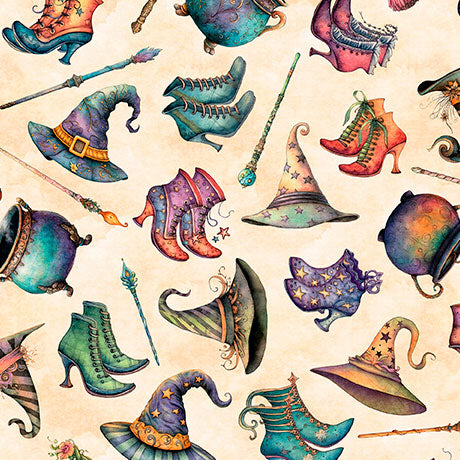 Pattern of colorful witch hats, shoes, and brooms on a beige background