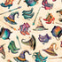 Pattern of colorful witch hats, shoes, and brooms on a beige background
