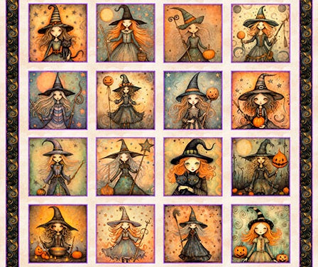 A square fabric panel design featuring a 4x4 grid of whimsical witch illustrations. Each panel shows a cartoon-style girl in a witch hat and dress, with orange pumpkins, stars, moons, and autumn backgrounds.