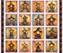 A square fabric panel design featuring a 4x4 grid of whimsical witch illustrations. Each panel shows a cartoon-style girl in a witch hat and dress, with orange pumpkins, stars, moons, and autumn backgrounds.