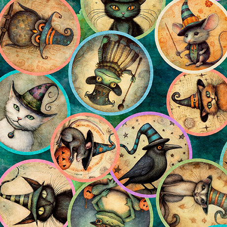 Pattern of cats and mice in Halloween-themed hats and costumes on a teal background.