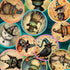 Pattern of cats and mice in Halloween-themed hats and costumes on a teal background.