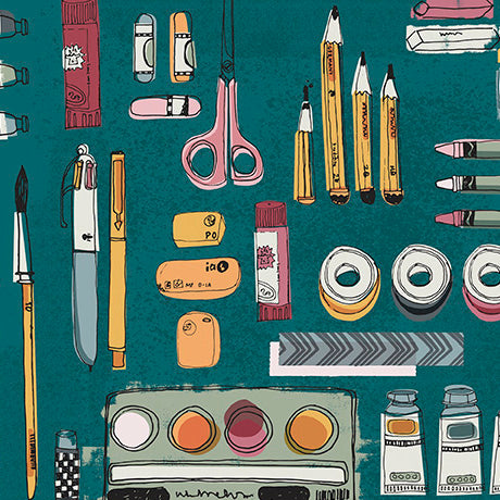 A flat-lay illustration of various school and office supplies on a teal background, including scissors, pencils, pens, erasers, tape, paint tubes, and a paintbrush.