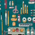 A flat-lay illustration of various school and office supplies on a teal background, including scissors, pencils, pens, erasers, tape, paint tubes, and a paintbrush.