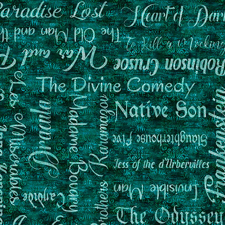 A close-up of a teal and dark green fabric pattern featuring white and light blue script text listing famous book titles such as 'The Divine Comedy', 'Robinson Crusoe', 'The Odyssey', and 'Dracula'.