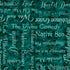 A close-up of a teal and dark green fabric pattern featuring white and light blue script text listing famous book titles such as 'The Divine Comedy', 'Robinson Crusoe', 'The Odyssey', and 'Dracula'.