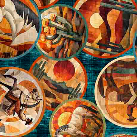 A close-up of a textile pattern featuring multiple overlapping circular illustrations with desert and animal motifs in orange, brown, cream, teal, and red tones.