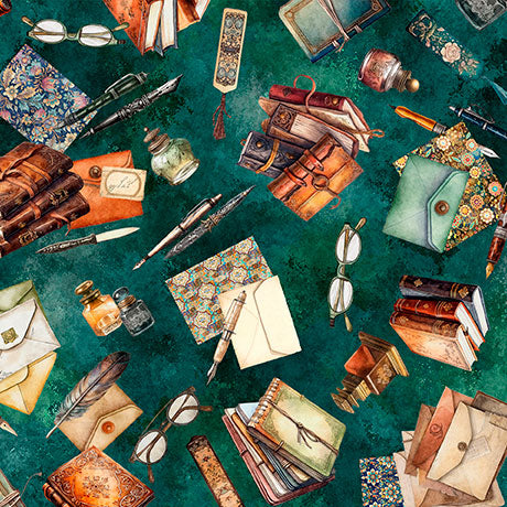 Vintage items including books, glasses, and pens on a teal background
