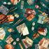 Vintage items including books, glasses, and pens on a teal background