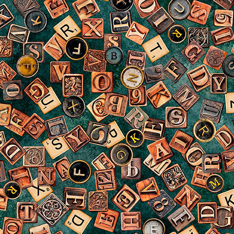 A dense arrangement of vintage-style wooden letter blocks and decorative alphabet tiles in warm brown, beige, black, and gold tones, scattered across a textured teal-green background.