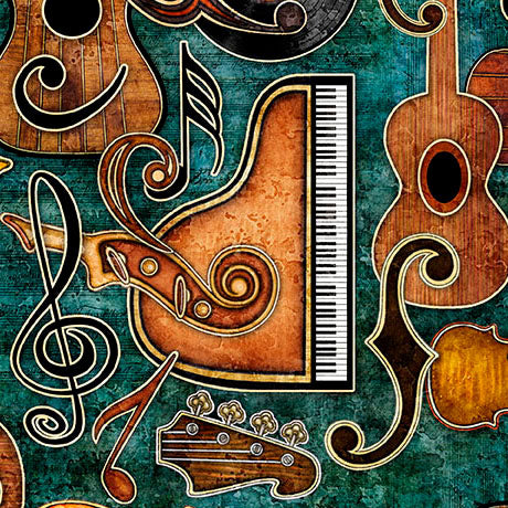 A repeating decorative pattern featuring stylized musical instruments and symbols on a textured teal background, including a piano, guitars, a treble clef, a music note, and a guitar headstock.