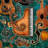 A repeating decorative pattern featuring stylized musical instruments and symbols on a textured teal background, including a piano, guitars, a treble clef, a music note, and a guitar headstock.