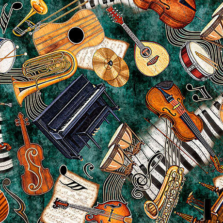 A repeating pattern illustration featuring various musical instruments including a piano, guitar, violin, trumpet, saxophone, cymbal, and drums, overlaid on piano keys and sheet music against a dark teal textured background.
