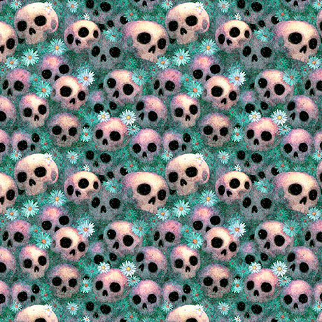 A repeating pattern of pale pink skulls with black eye sockets and nose cavities, interspersed with small white flowers on a textured teal-green background.