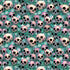 A repeating pattern of pale pink skulls with black eye sockets and nose cavities, interspersed with small white flowers on a textured teal-green background.