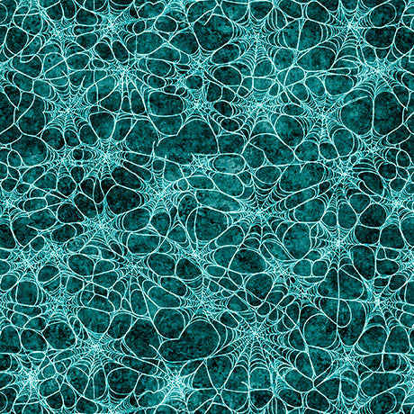 A seamless repeating pattern featuring a web of cobweb-like silhouettes over a textured teal and dark green background.