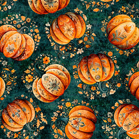 Pattern of ornate pumpkins and flowers on a dark teal background