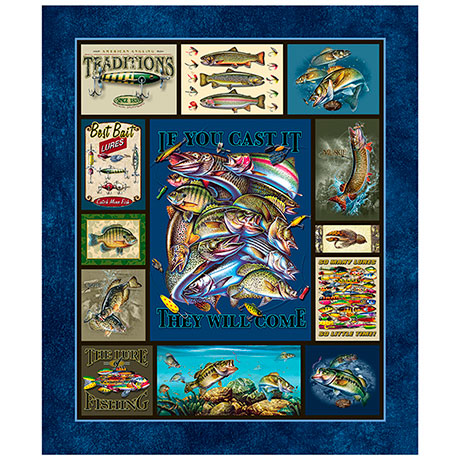 Fishing-themed collage with various fish illustrations and text on a blue background