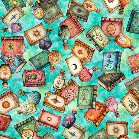 Pattern of colorful bottles and books on a teal background