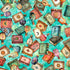 Pattern of colorful bottles and books on a teal background
