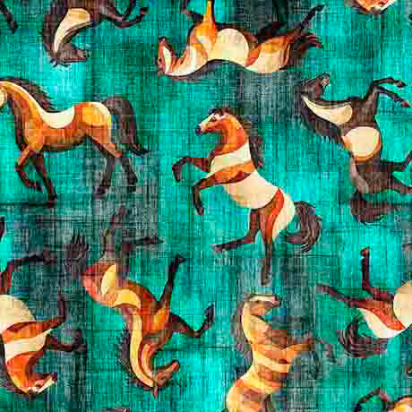 A close-up of a fabric pattern featuring stylized horses in brown, black, and cream on a textured turquoise background.