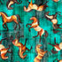 A close-up of a fabric pattern featuring stylized horses in brown, black, and cream on a textured turquoise background.