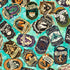 Pattern of vintage-style labels with different designs on a teal background