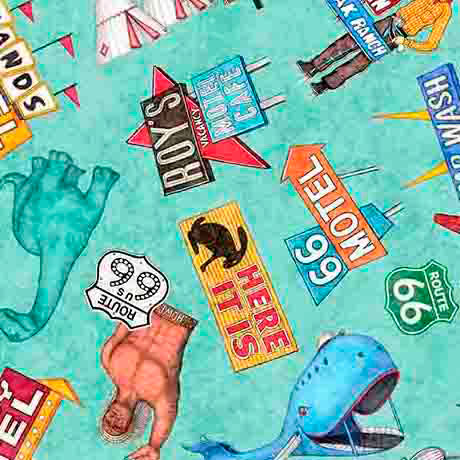 Fabric QT Turquoise Route 66 Icons Get Your Kicks 2026 by the Quarter Yard 31669-Q